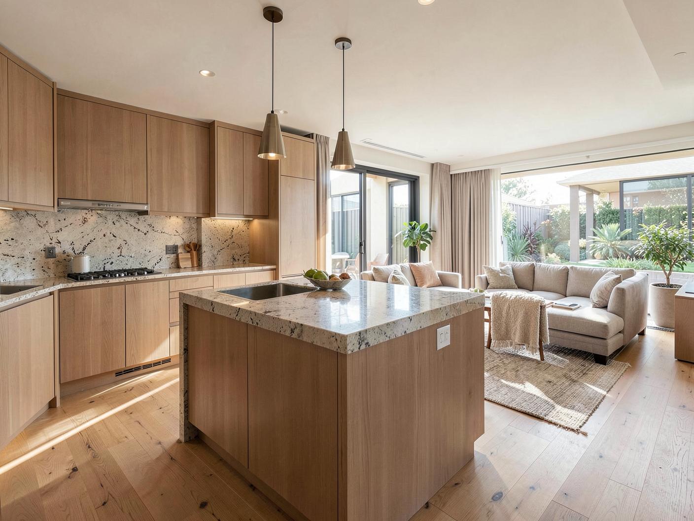 Renovated Melbourne kitchen and open living area with stone benchtop and timber flooring in natural morning light