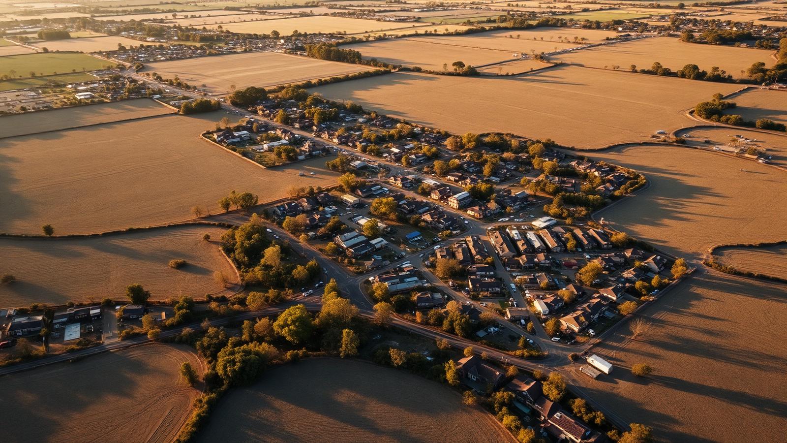 Aerial view of a Victorian township surrounded by farmland